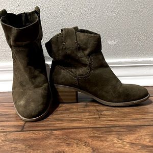 Olive green suede cowboy boots bootie. 2 in heel